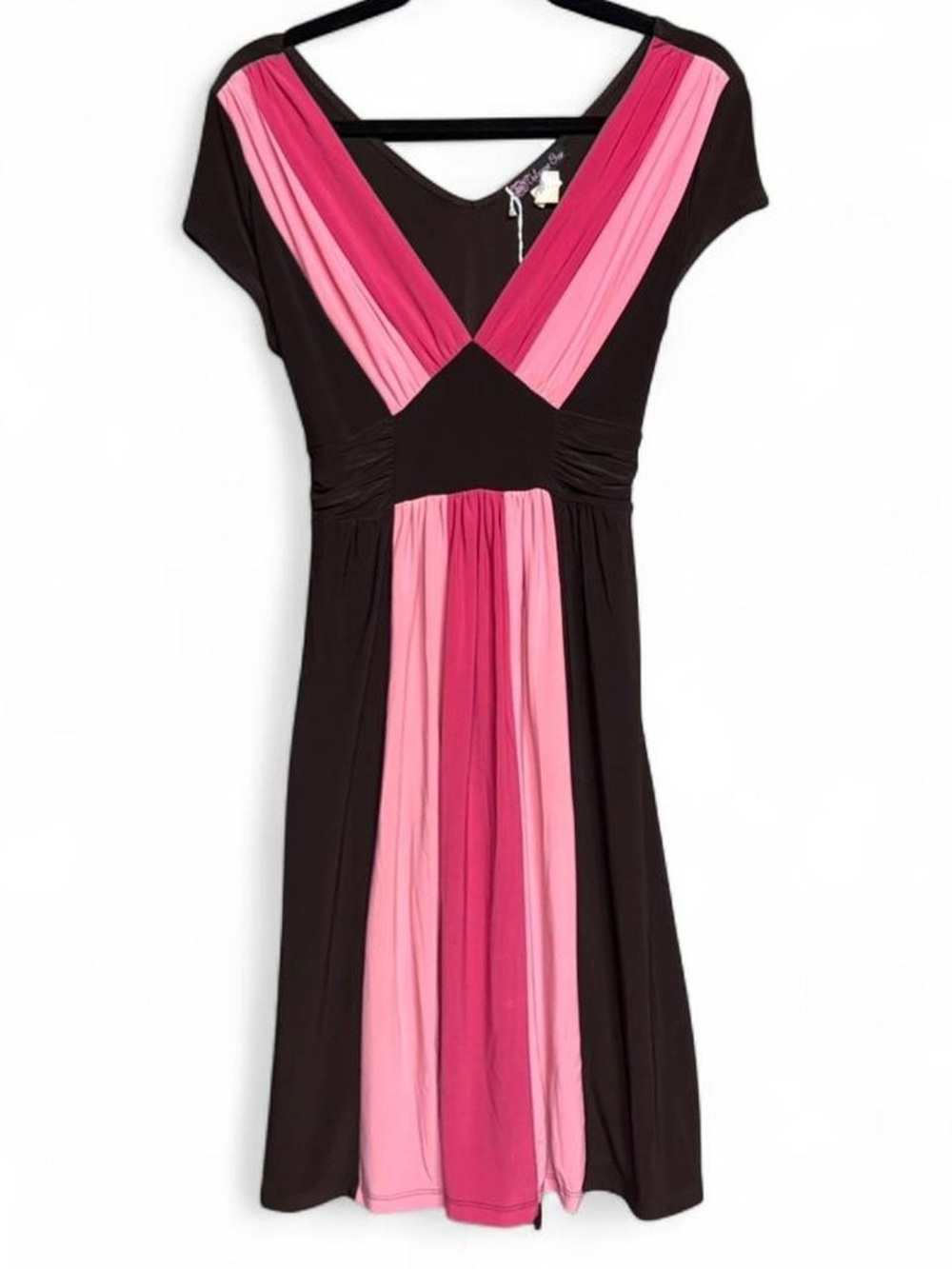 🍩Y2K Volume One Pink & Brown Striped Short Sleeve Diamond Center Midi Dress🍩